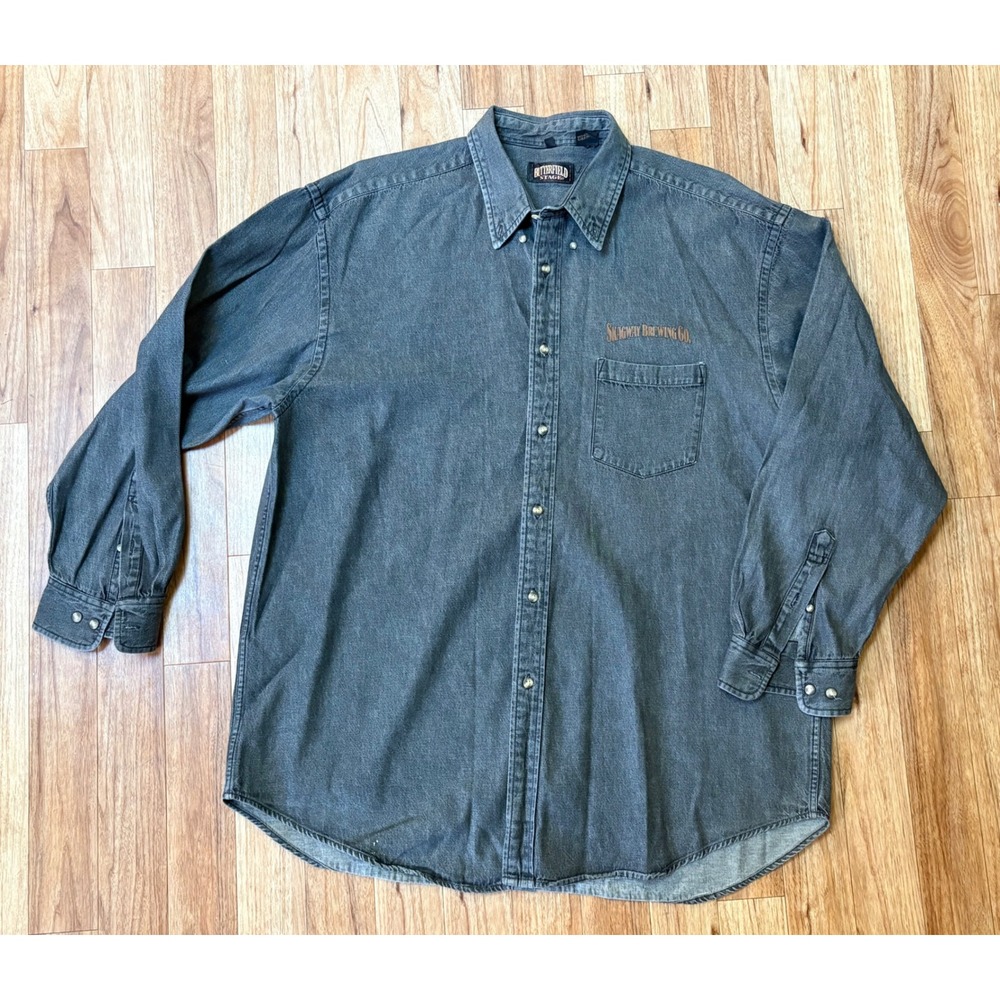 Butterfield Stage Skagway Brewing Co Alaska Beer Denim Shirt Mens 3XL Black 1998